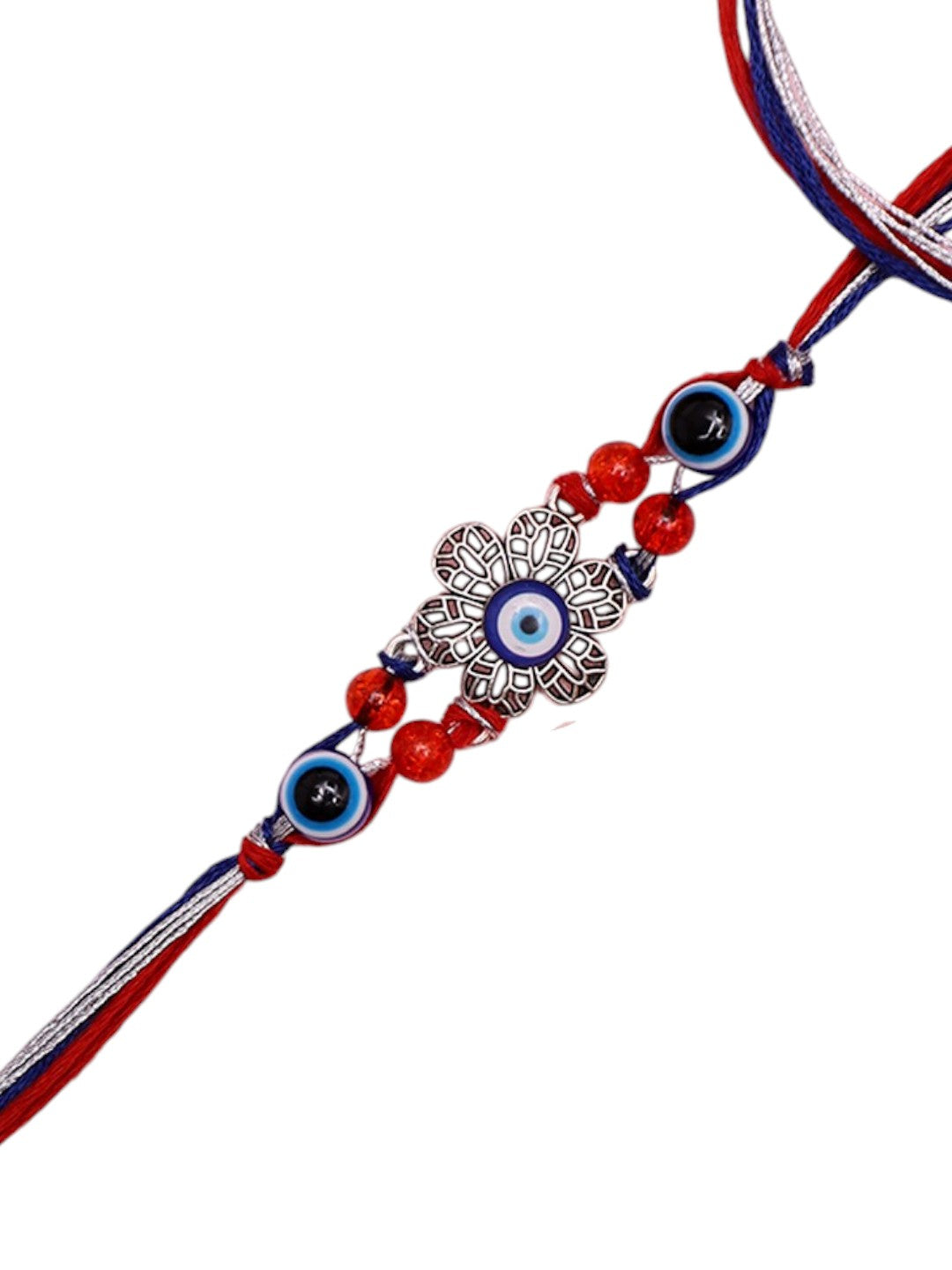 Traditional Handcrafted Rakhi with Evil Eye Beads and Metal Detailing