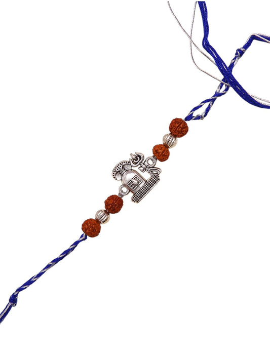 Traditional Ethnik Shiv Rakhi With Rudraksha And Antique Silver Detailing