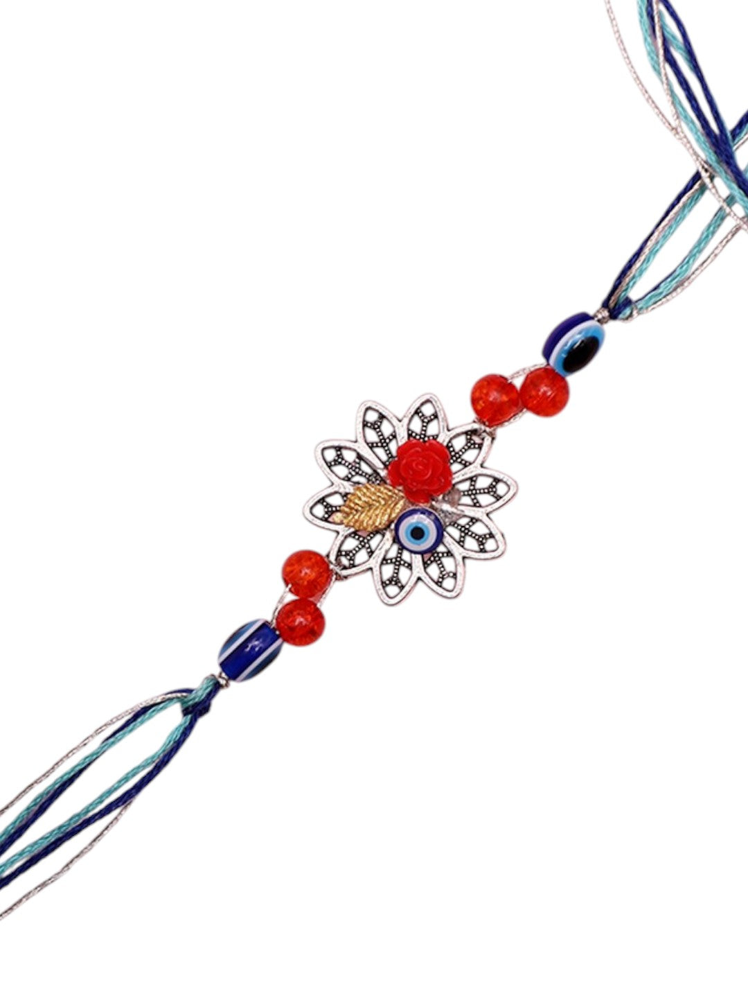 Floral Evil Eye Rakhi with Handcrafted Petal Design and Red Beads