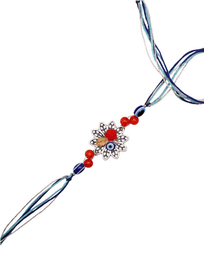 Floral Evil Eye Rakhi with Handcrafted Petal Design and Red Beads