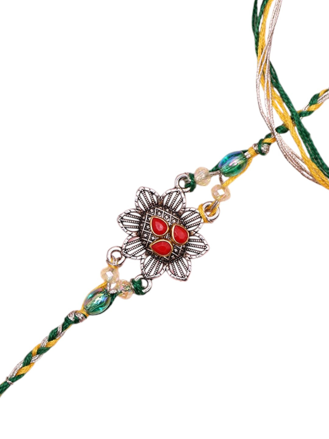 Ethnic Antique Floral Rakhi with Red Gem Accents and Braided Thread