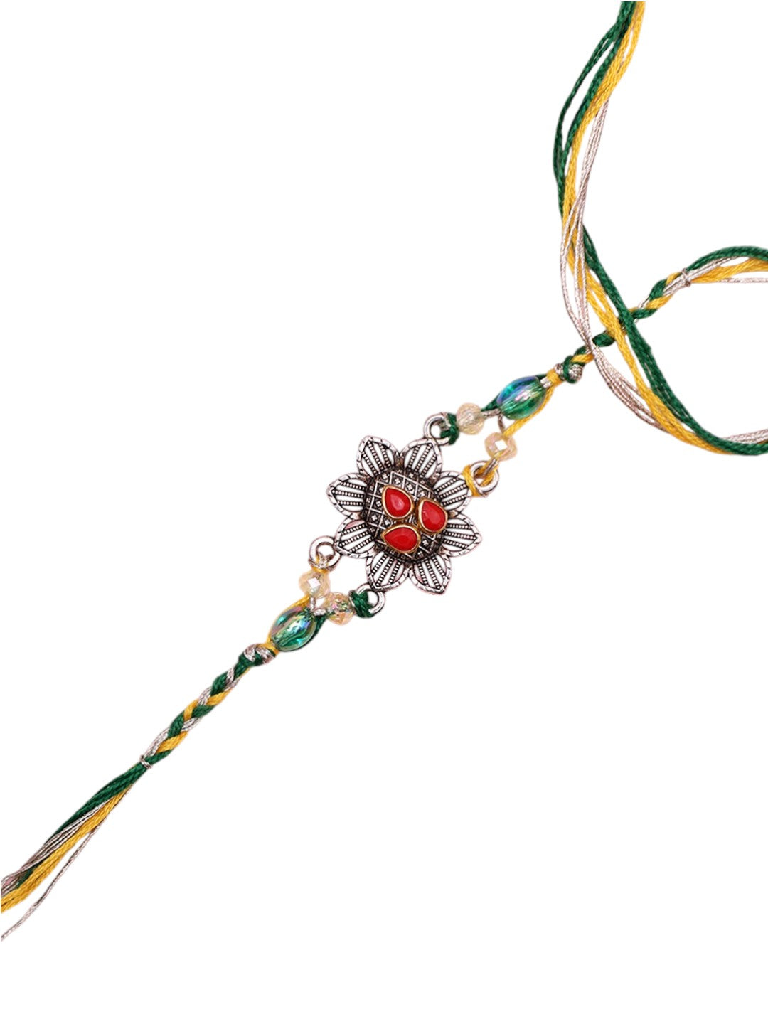 Ethnic Antique Floral Rakhi with Red Gem Accents and Braided Thread