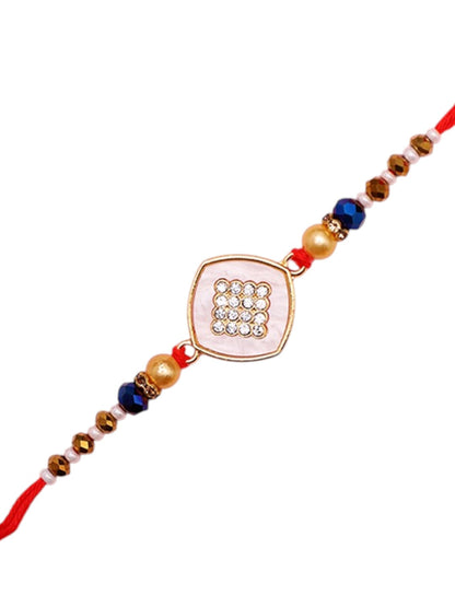 Handcrafted Square Rakhi with Crystal Center and Golden Beads