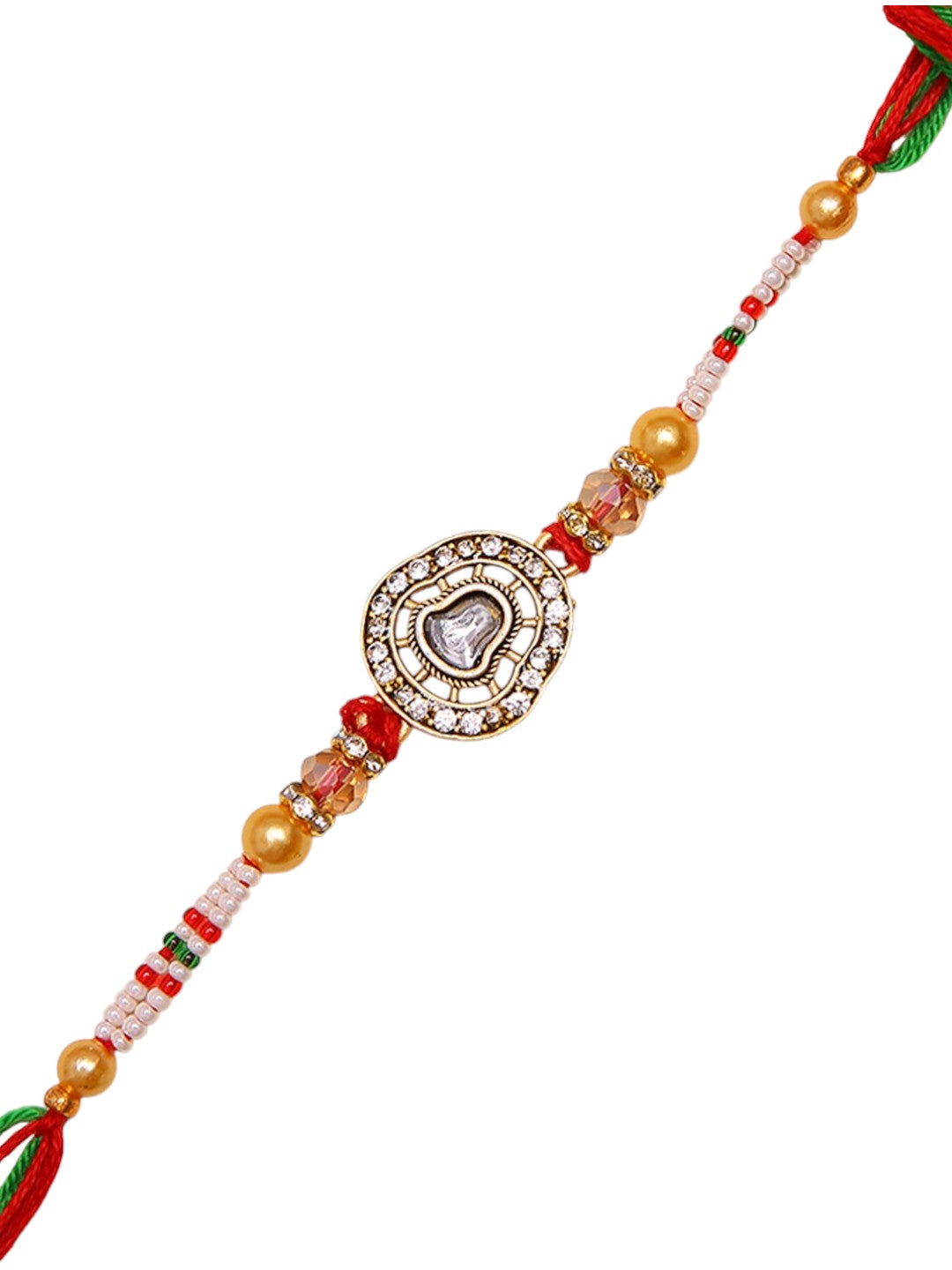 Traditional Handmade Kundan Rakhi With Red Green Mauli And Golden Pearls