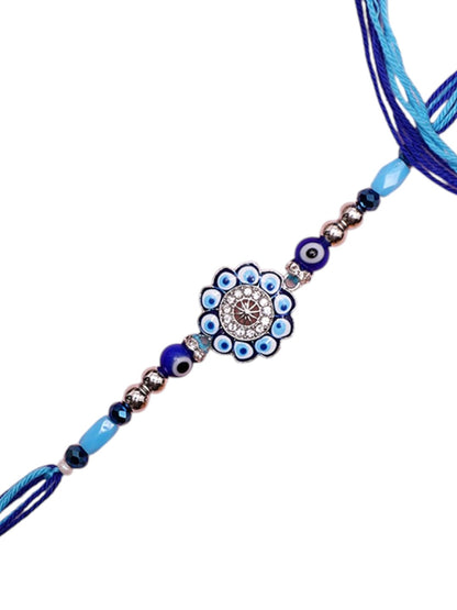 Designer Evil Eye Rakhi with Blue Floral Motif and Crystal Center