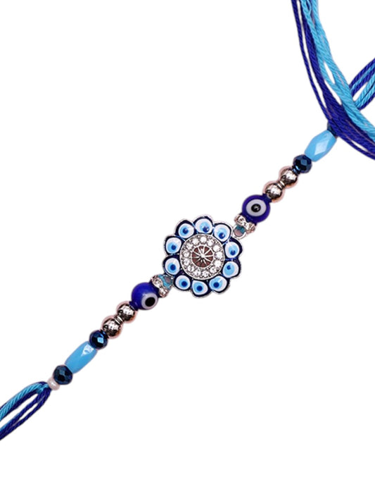 Designer Evil Eye Rakhi with Blue Floral Motif and Crystal Center