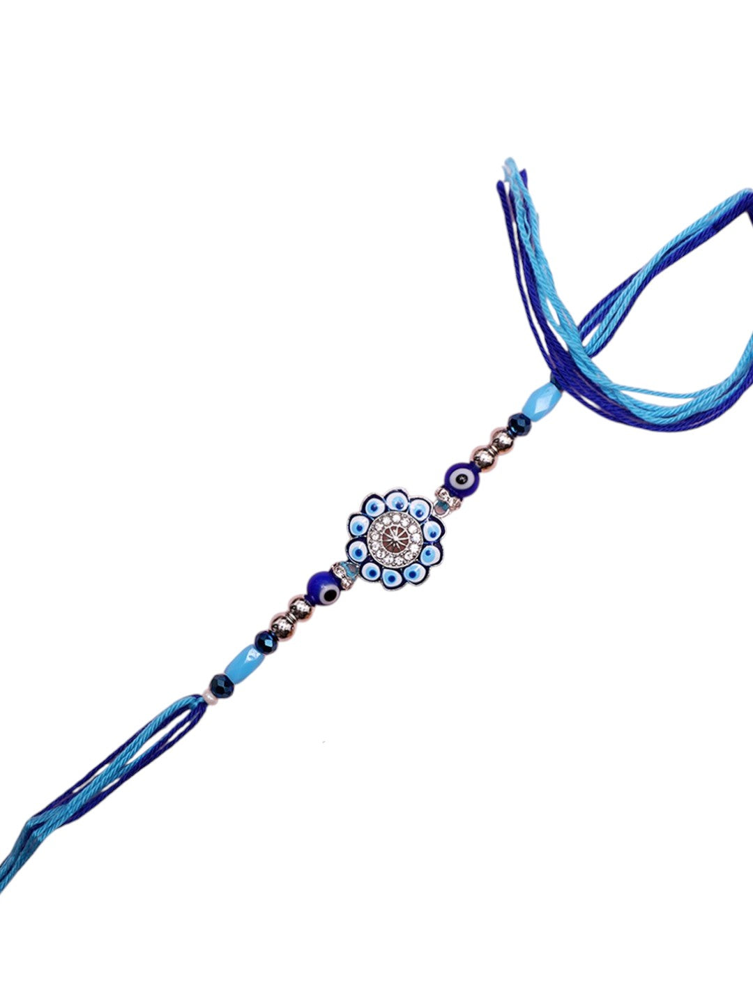 Designer Evil Eye Rakhi with Blue Floral Motif and Crystal Center