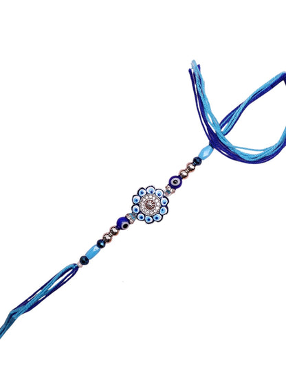 Designer Evil Eye Rakhi with Blue Floral Motif and Crystal Center