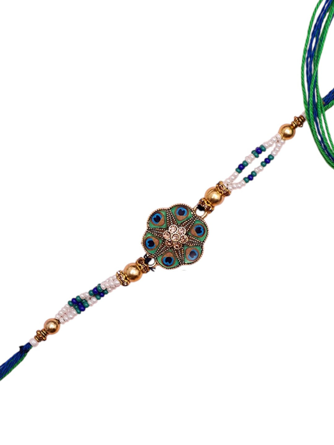 Ethnic Peacock-Toned Rakhi with Traditional Blue-Green Centerpiece