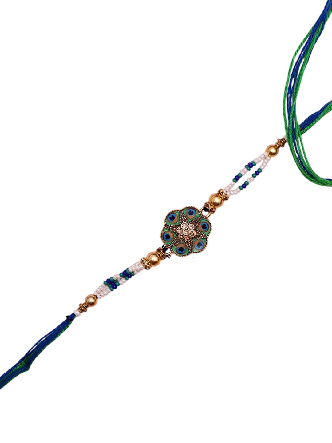 Ethnic Peacock-Toned Rakhi with Traditional Blue-Green Centerpiece