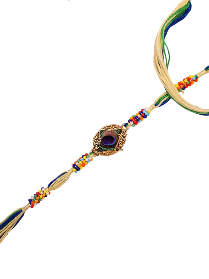 Traditional Rakhi with Artistic Mor Pankh Motif and Festive Beading