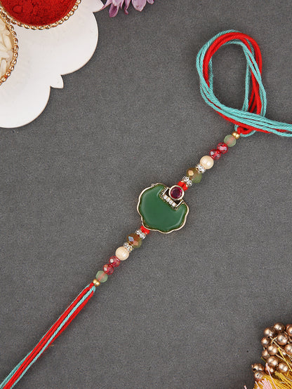 Handcrafted Beads Rakhi with Traditional Green Enamel and Stone Work
