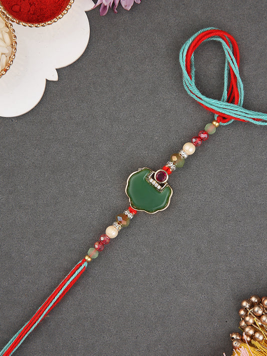Handcrafted Beads Rakhi with Traditional Green Enamel and Stone Work