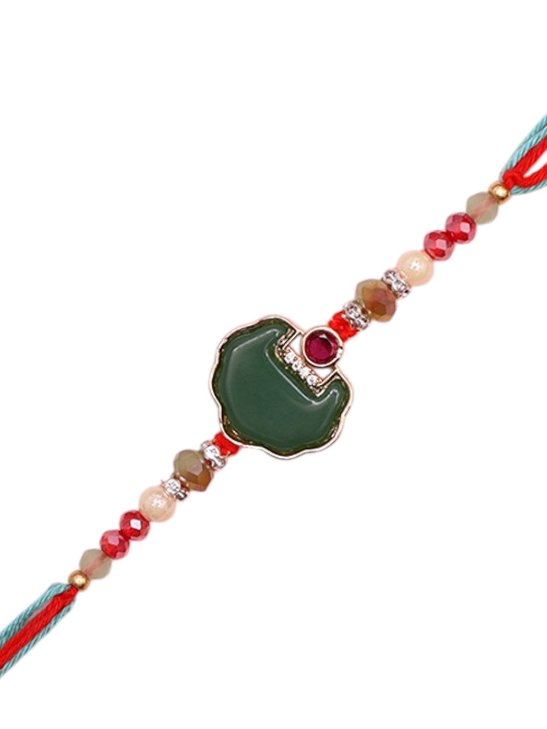 Handcrafted Beads Rakhi with Traditional Green Enamel and Stone Work