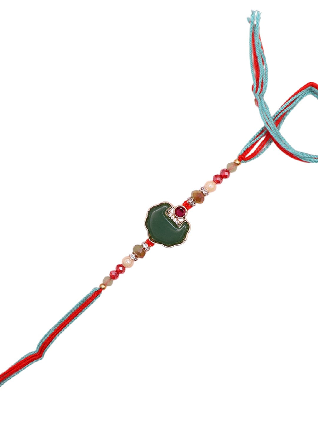 Handcrafted Beads Rakhi with Traditional Green Enamel and Stone Work