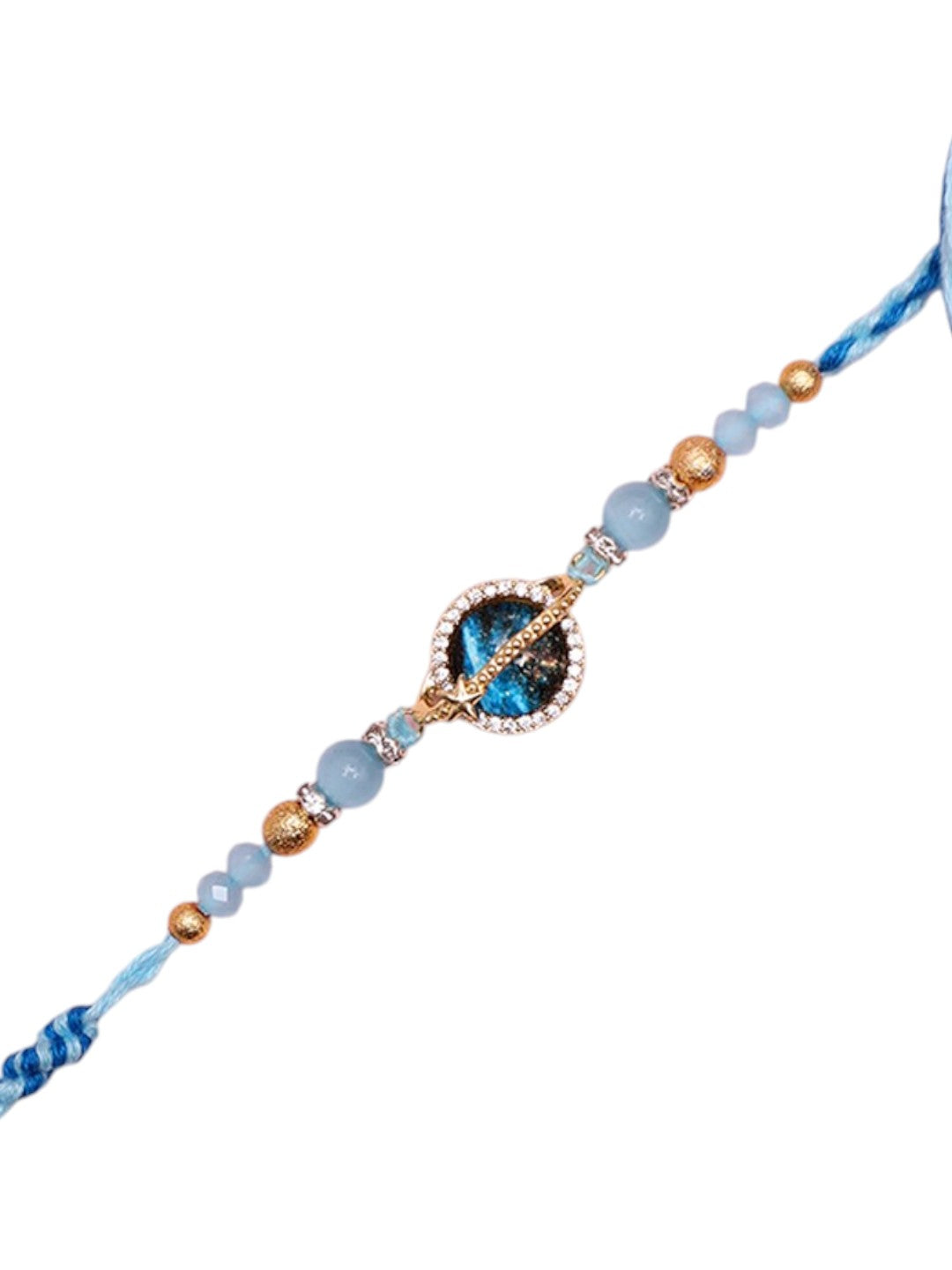 Handcrafted  Floral-Inspired Rakhi with Blue Center Stone and Pastel Beads