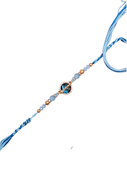Handcrafted  Floral-Inspired Rakhi with Blue Center Stone and Pastel Beads