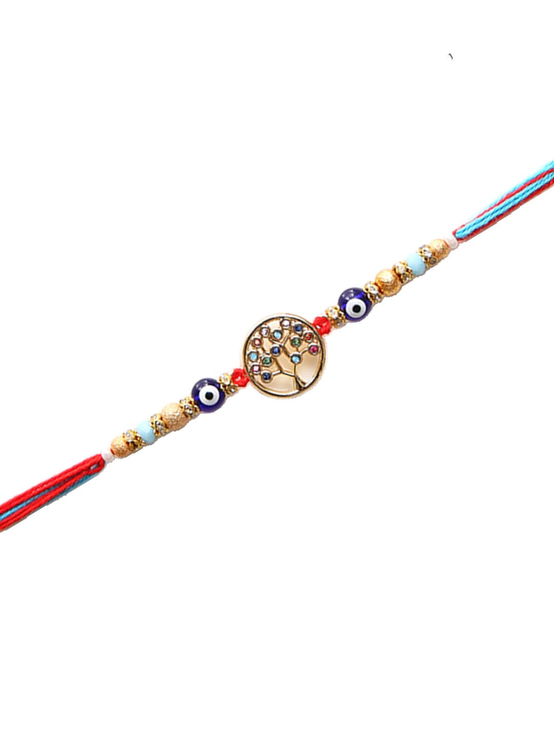 A more elegant Rakhi with a tree of life motif, embellished with colorful stones and beads