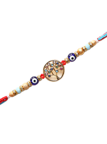 A more elegant Rakhi with a tree of life motif, embellished with colorful stones and beads