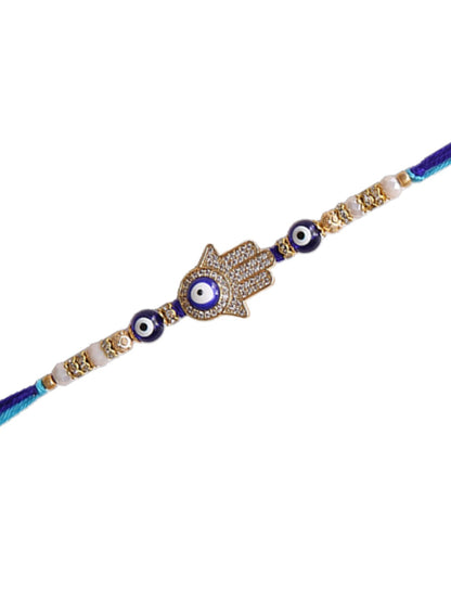 A blue thread Rakhi with a Hamsa hand and evil eye charms,