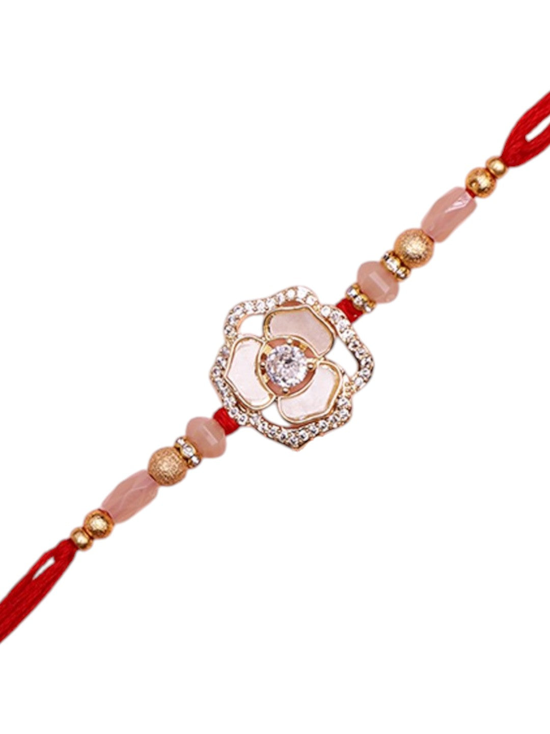 Traditional Handmade Flower Rakhi with Pearl Accents and Golden Touch