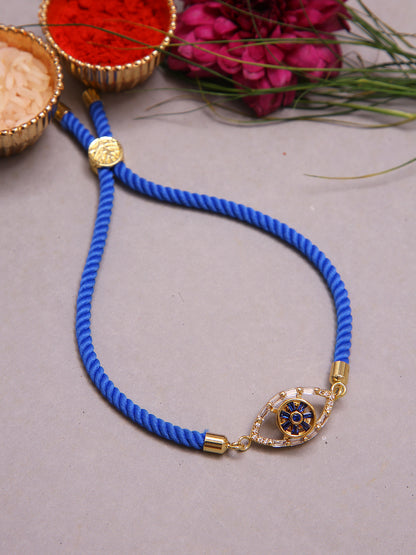 Premium Handcrafted Evil Eye Rakhi With Blue Thread And Gold Finish