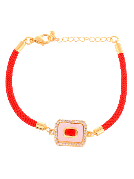 Minimal Designer Rakhi With Red Thread And Kundan Inspired Enamel Center