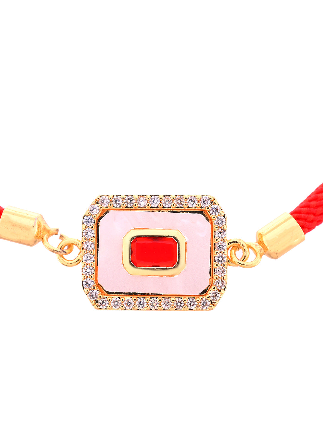Minimal Designer Rakhi With Red Thread And Kundan Inspired Enamel Center