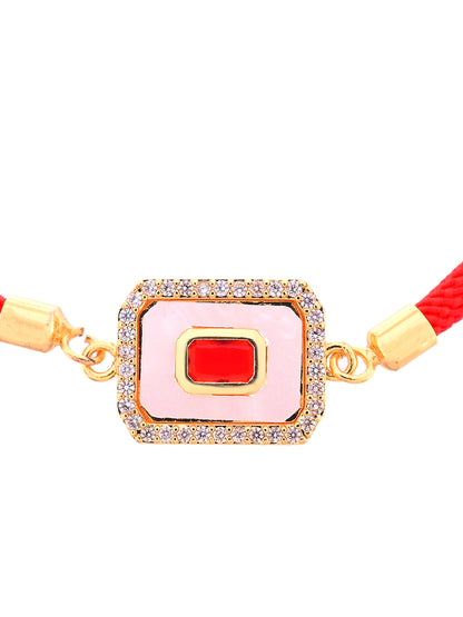 Minimal Designer Rakhi With Red Thread And Kundan Inspired Enamel Center