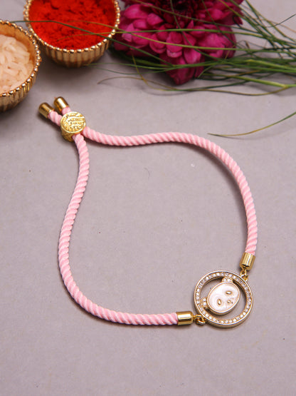 Contemporary Teddy Designer Rakhi With Pastel Pink Cord And Stones