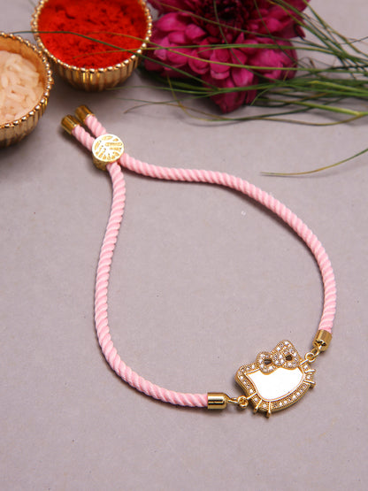 Playful Designer Rakhi With Pink Cord And Embellished Hello Kitty Motif