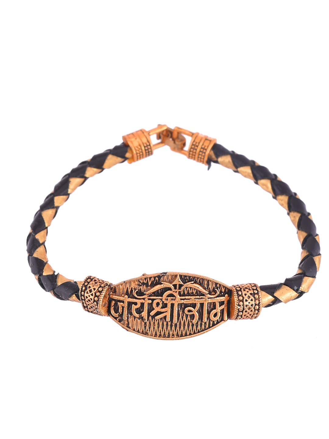 Designer Jai Shree Ram Rakhi Bracelet With Braided Leather And Gold Finish
