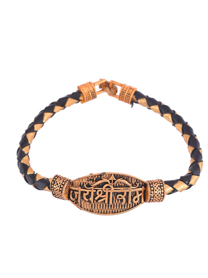 Designer Jai Shree Ram Rakhi Bracelet With Braided Leather And Gold Finish