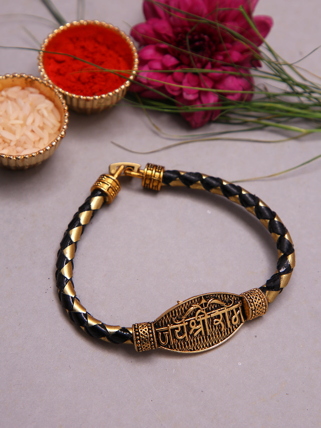 Designer Jai Shree Ram Rakhi Bracelet With Braided Leather And Gold Finish