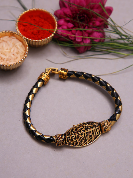 Designer Jai Shree Ram Rakhi Bracelet With Braided Leather And Gold Finish