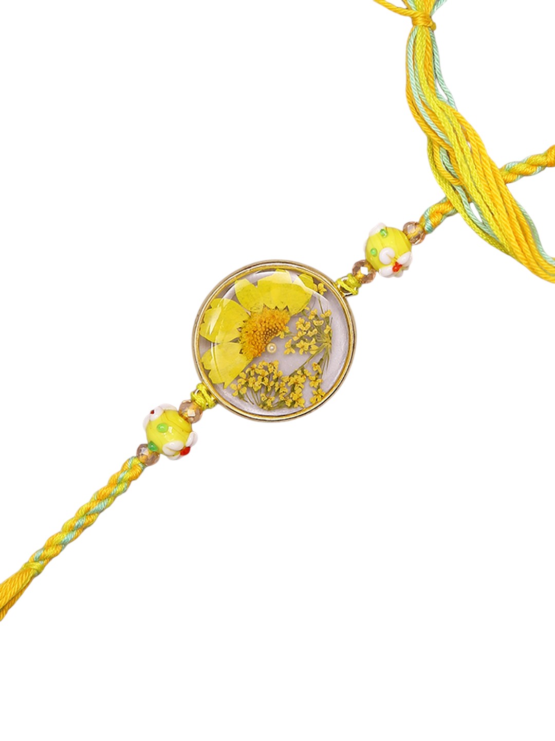 Ethnik Yellow Flower Rakhi With Resin Centerpiece And Braided Handmade Dori