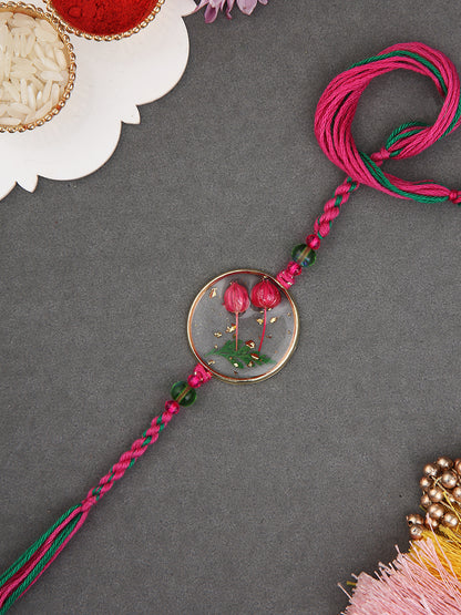 Preserved Botanical Rakhi With Dual Pink Buds And Handwoven Thread Work