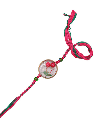 Preserved Botanical Rakhi With Dual Pink Buds And Handwoven Thread Work