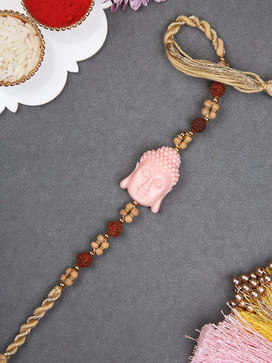 Peaceful Buddha Quartz Rakhi with Rudraksha and Wooden Beads