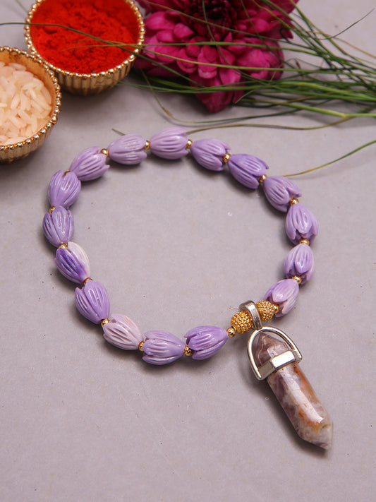 Designer Spiritual Rakhi Bracelet With Tulsi Style Beads And Healing Pendant