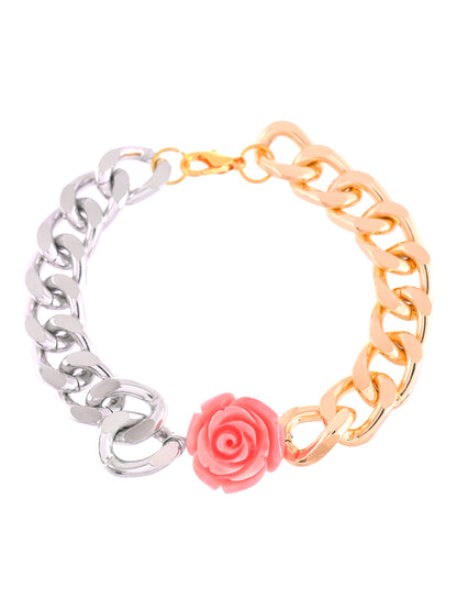 Chunky Chain Bracelet Rakhi With Dual Tone Finish And Pink Rose Accent