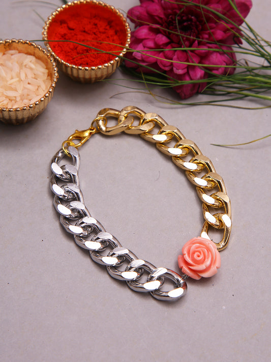 Chunky Chain Bracelet Rakhi With Dual Tone Finish And Pink Rose Accent