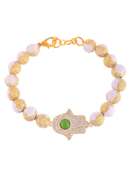 Handcrafted Protective Hamsa Rakhi With Pearl Finish Beads And Healing Stone