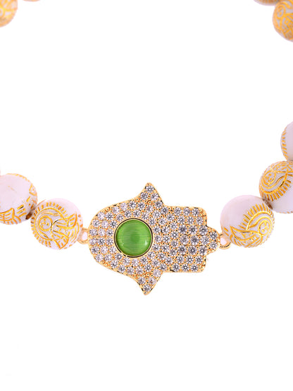 Handcrafted Protective Hamsa Rakhi With Pearl Finish Beads And Healing Stone