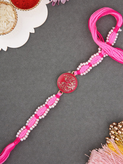 Handcrafted Shree Motif Rakhi with Ornate Threadwork in Pink