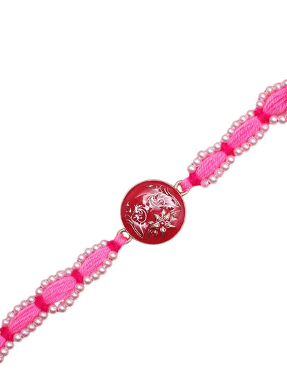 Handcrafted Shree Motif Rakhi with Ornate Threadwork in Pink