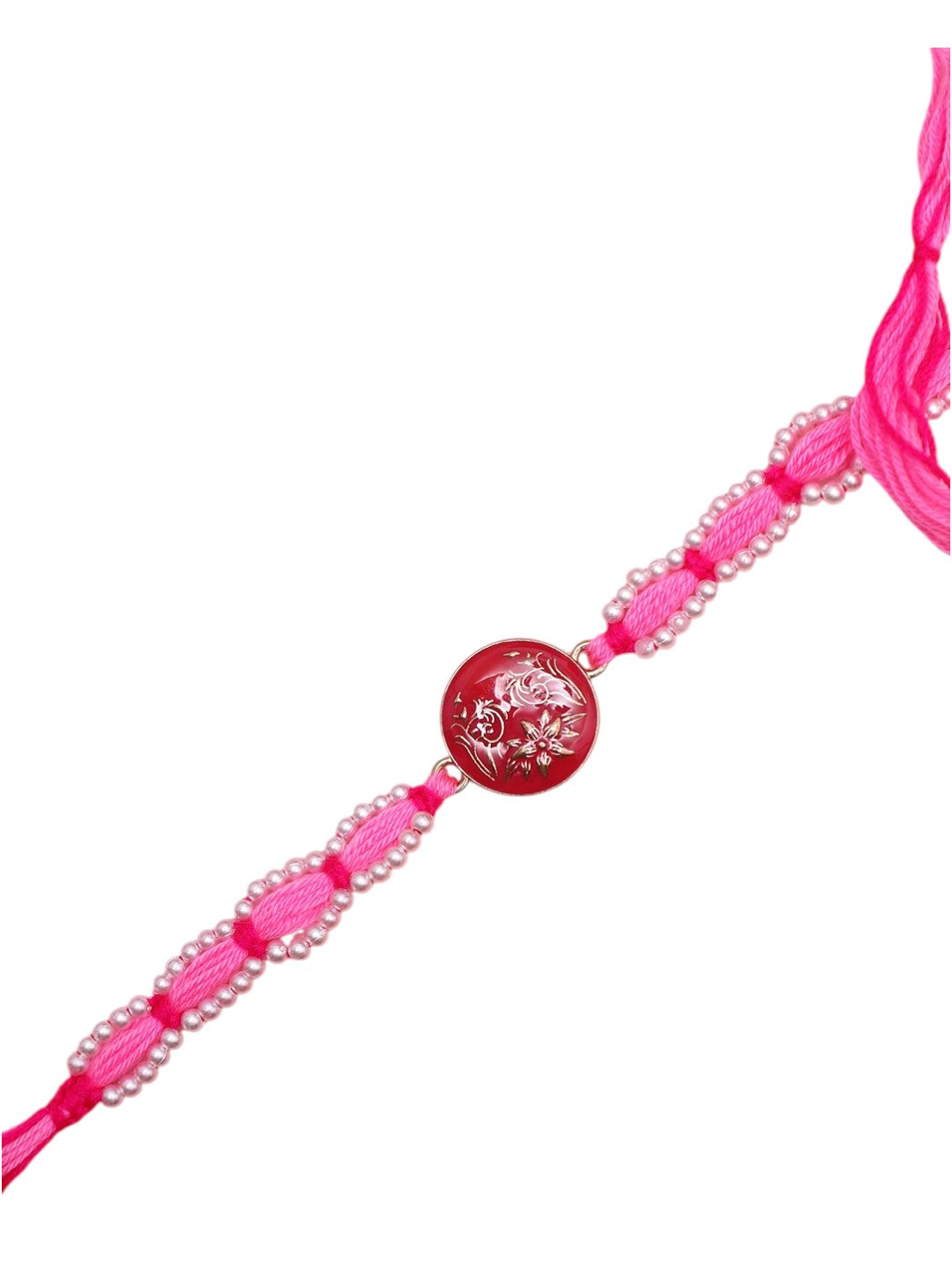 Handcrafted Shree Motif Rakhi with Ornate Threadwork in Pink