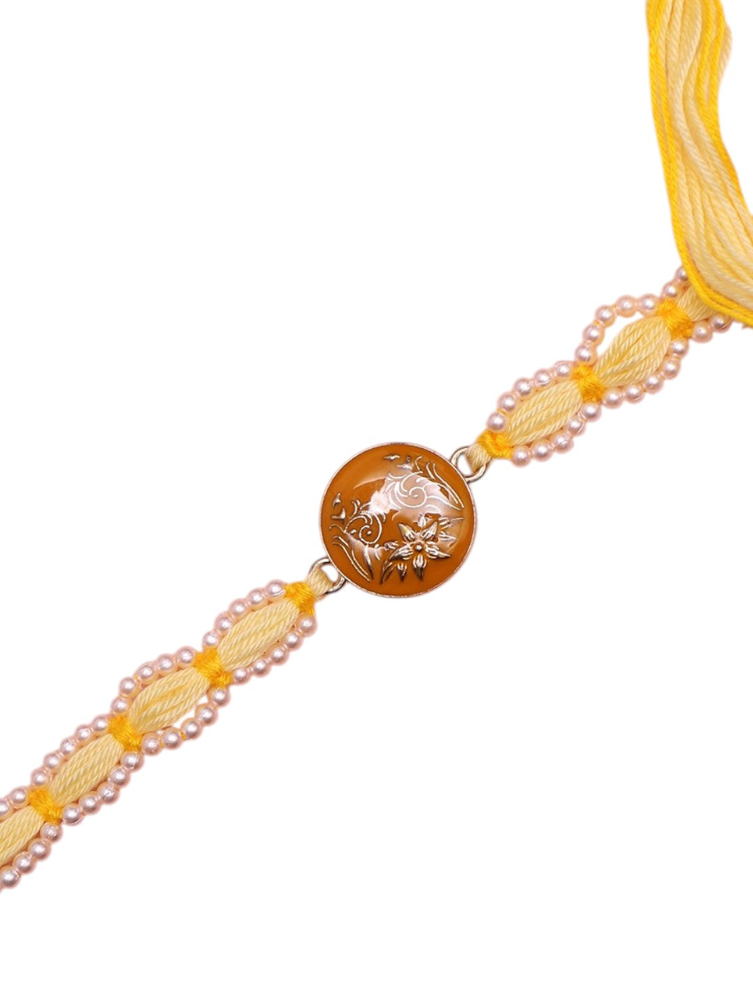 Handcrafted Yellow Thread Rakhi with Intricate Floral Center Design