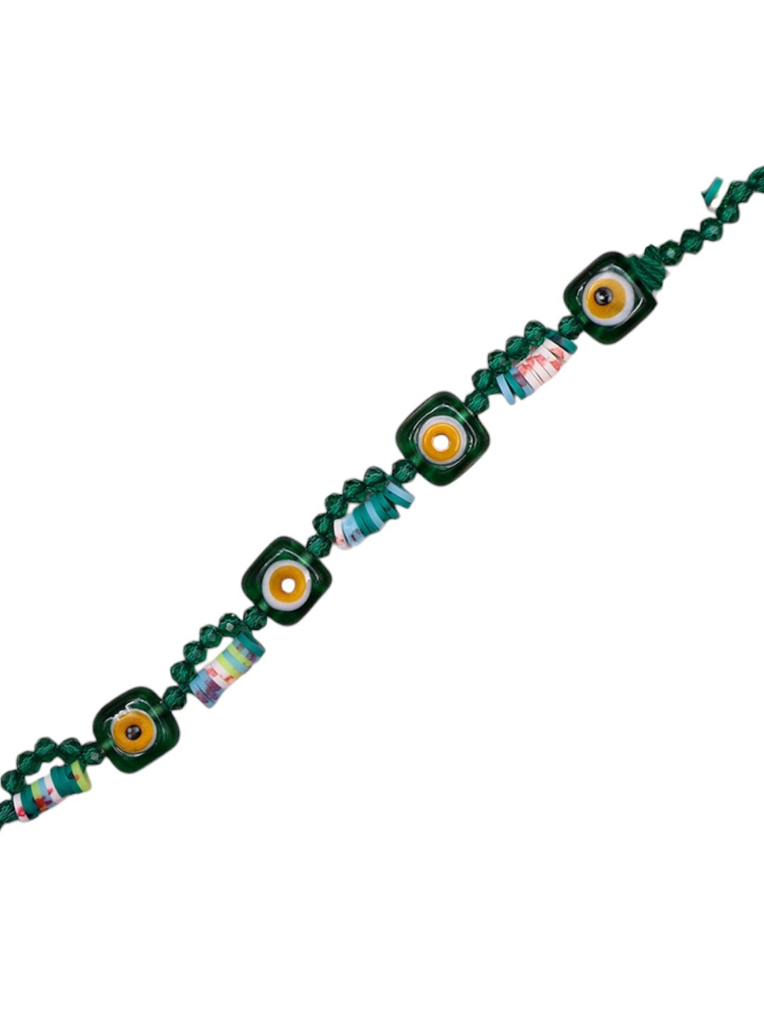 Boho Evil Eye Rakhi in Green with Beaded Detailing and Protection Charm