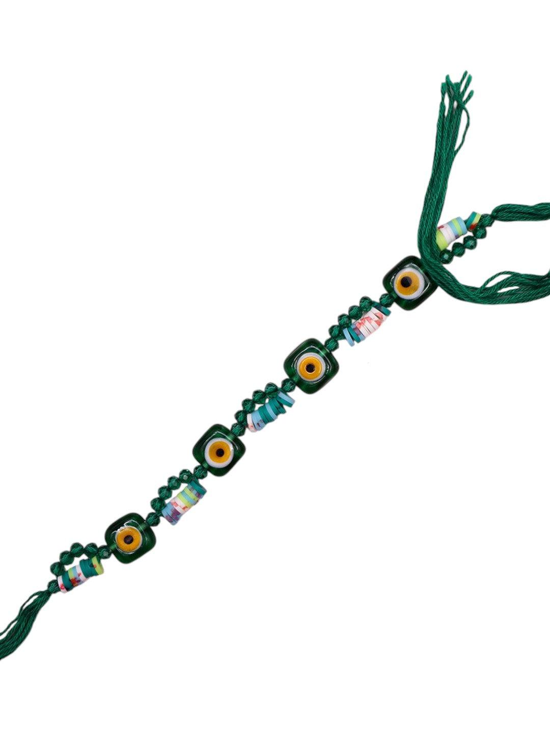 Boho Evil Eye Rakhi in Green with Beaded Detailing and Protection Charm